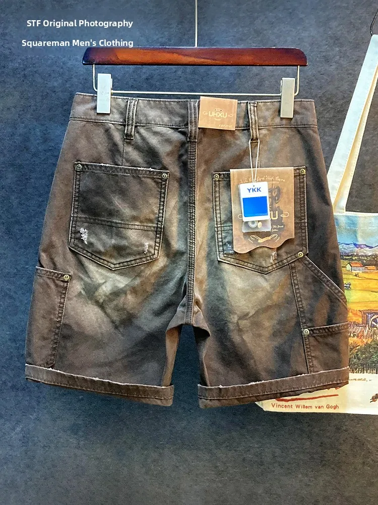 

High Quali Vintage Workwear orts Men's Spring Summer Thin Worn Loose Casual Five-Quarter Pants with Multiple kets