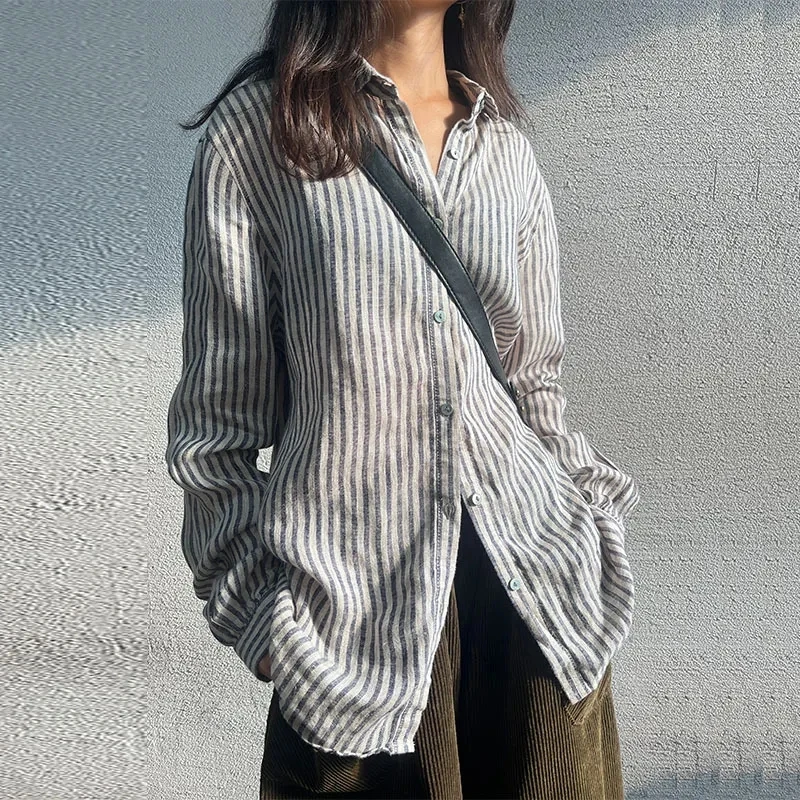 Vintage Linen Striped Women\'s Shirt 2024 Autumn New Ladies Lapel Button Up Casual Loose Long-Sleeved Medium-Length Shirts