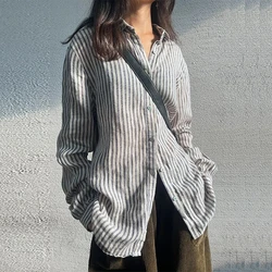 Vintage Linen Striped Women's Shirt 2024 Autumn New Ladies Lapel Button Up Casual Loose Long-Sleeved Medium-Length Shirts