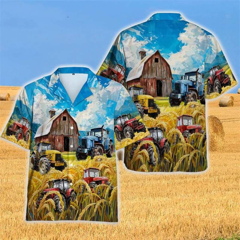 Farm Tractor Graphic Shirts For Men Clothes Farmer Bumper Harvest Wheat 3D Printed Lapel Blouse Food Car Male Short Sleeve Tops