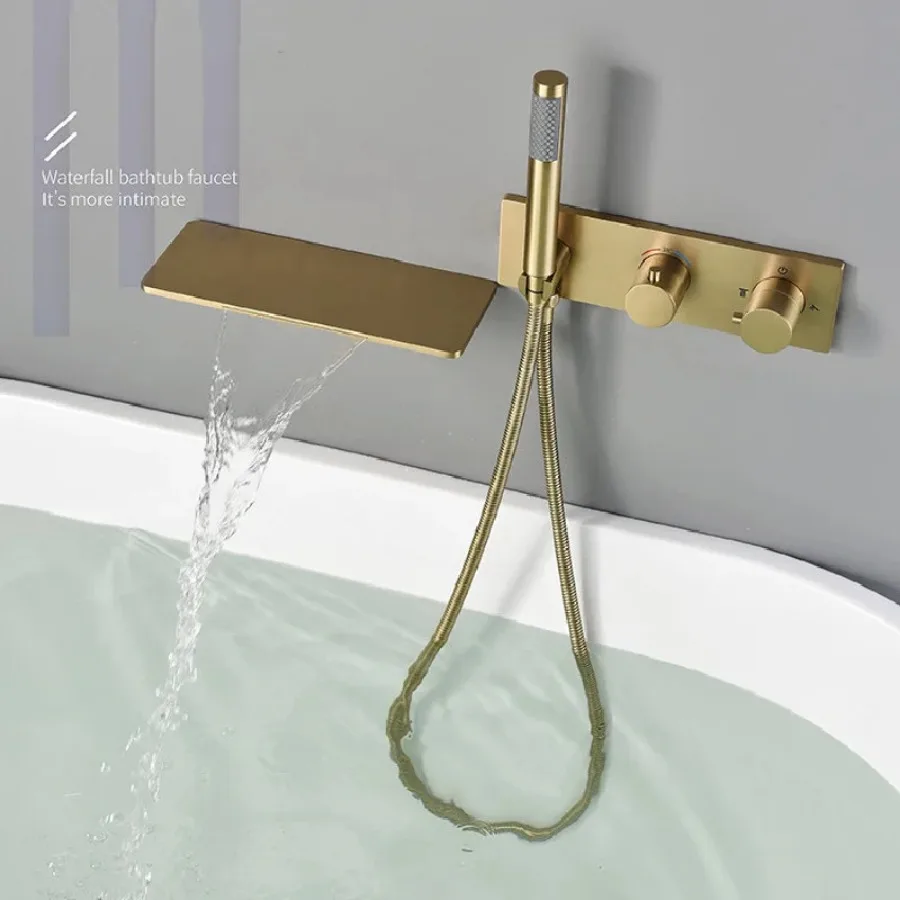 Brushed Gold Constant Temperature Bathtub Shower Faucet Set Soild Brass Bathroom Hot & Cold Wall Mounted Handheld Waterfall Tap