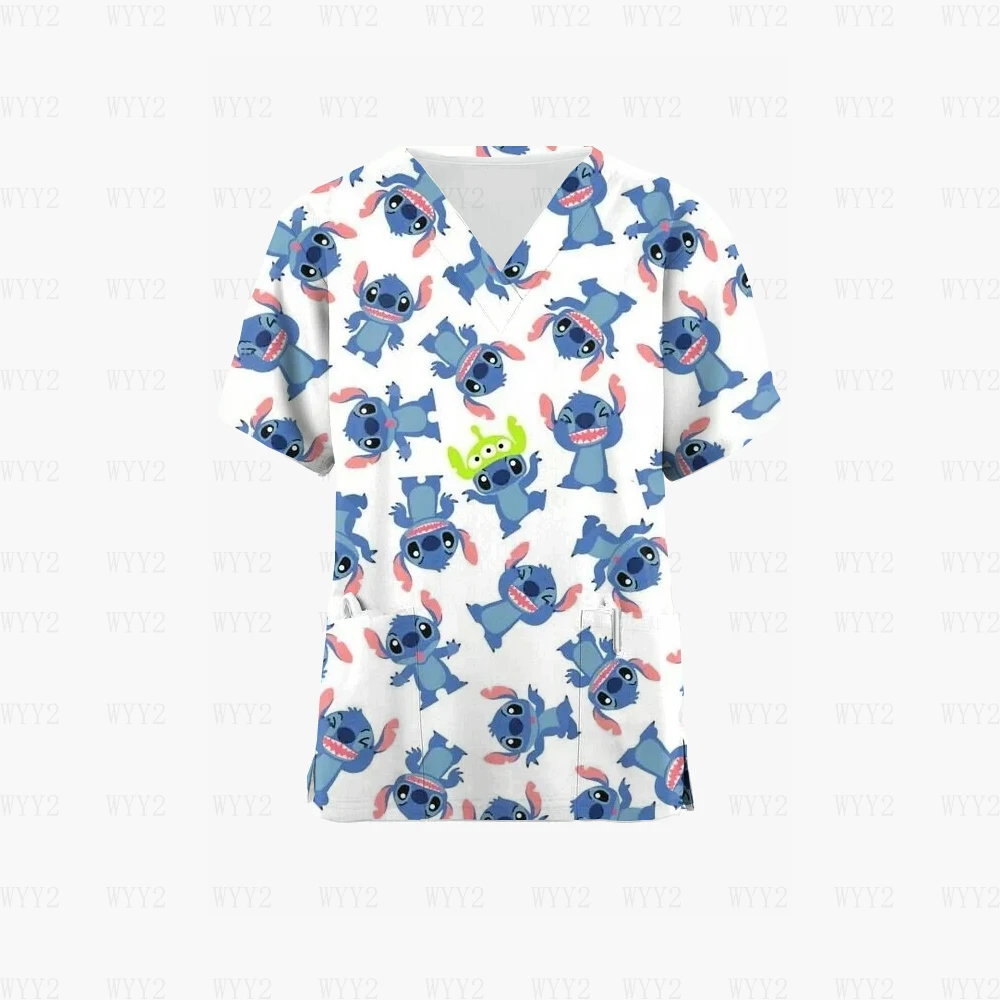 Women's Short Sleeve V Neck Nurse Uniform Hospital Worker Disney Stitch Funny Graphic T Shirt Scrub Top Work Uniform Shirt