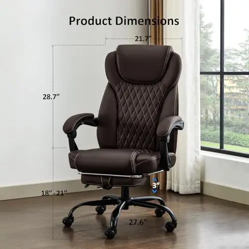 Big and Tall Office Chair with Footrest, Lumbar Support, Brown | Ergonomic Leather High Back, Infinite Lock Reclining