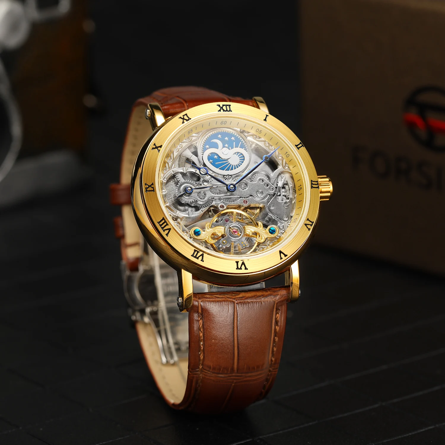 Forsining Moon phase men Mechanical Automatic Wristwatch Business Leather Strap 30m waterproof Watch Skeleton Tourbillon Watch