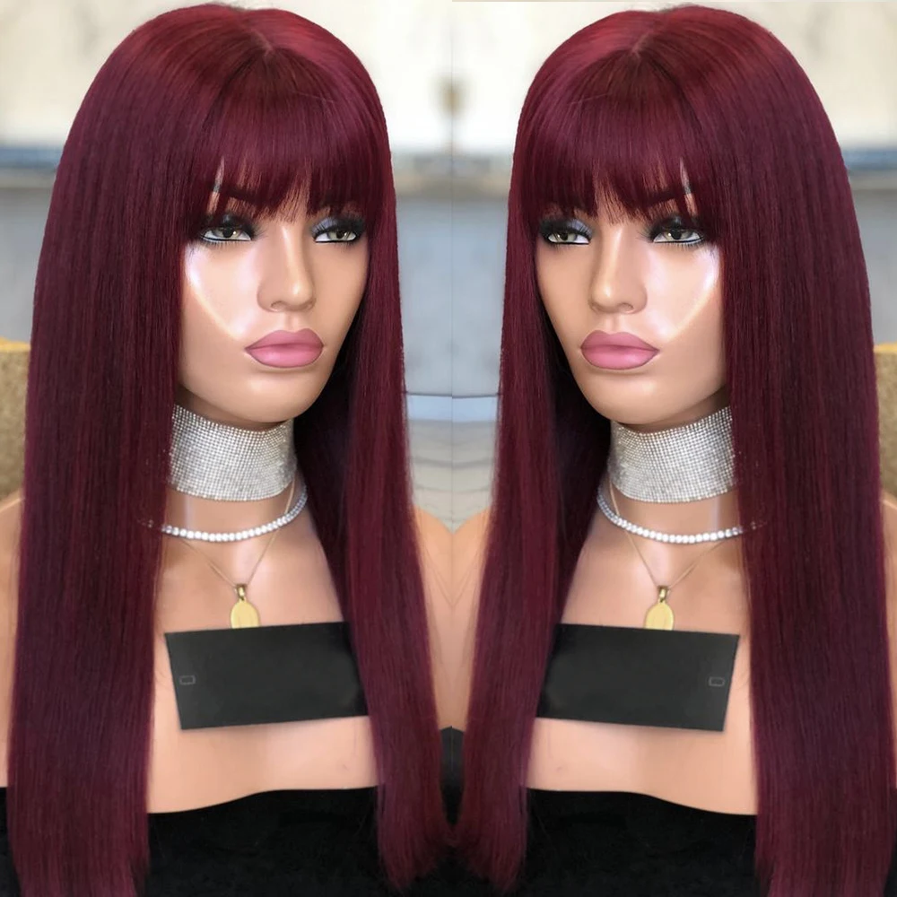 AIMEYA Long Straight Synthetic Front Lace Wigs with Bangs Burgundy Straight Wig For Women Middle Part High Temperature Fiber