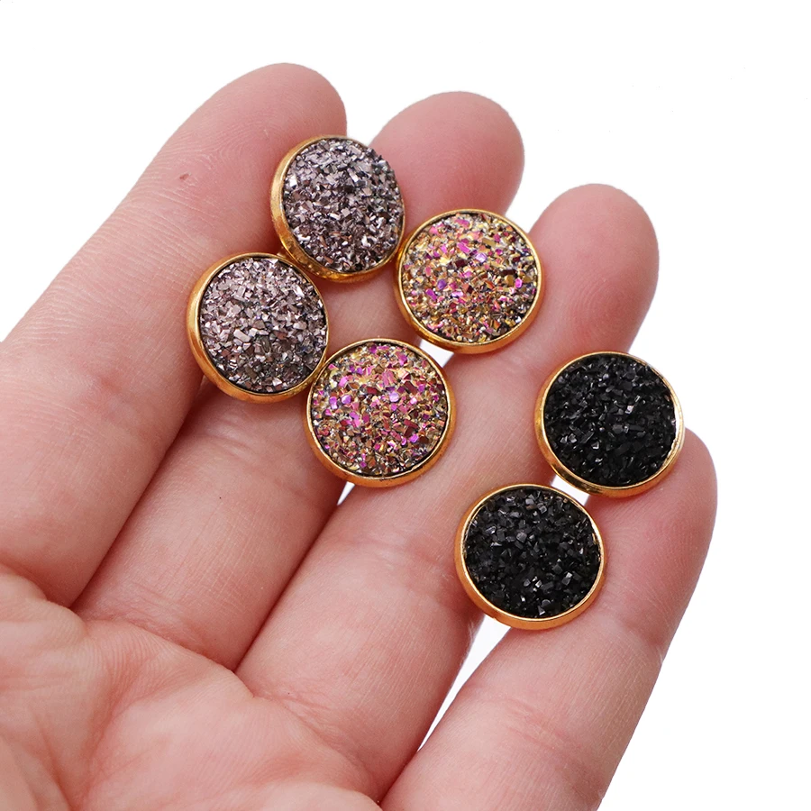 6pair/lot Glitter Round Stud Earrings Gold Color Stainless Steel Jewelry for Women Colorful Resin Druzy Drusy Ear Studs Earrings