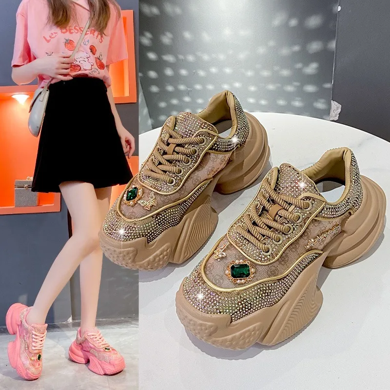 7.5cm Summer Luxury Designer Women Daddy Rhinestone Sneakers Thick Bottoms Mesh Pink Sweet Ladies Tenis Platform Shoes Spring