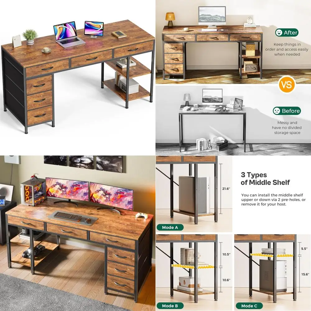 

Spacious 6-Drawer Computer Desk, 54 Wide Office Desk with Storage Shelves, Versatile Gaming Desk, Corner Desk with Ample Storage