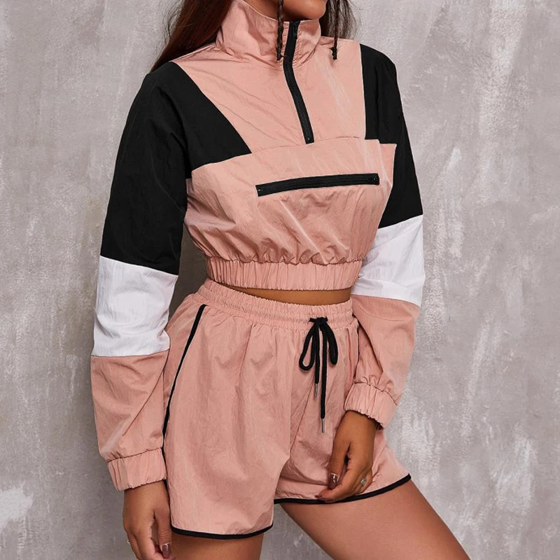 Shorts Two Piece Set New Fashion Women Spring Autumn Long Sleeve Pink Sweatshirts Zipper Crop Tops Patchwork Elastic Waist Short