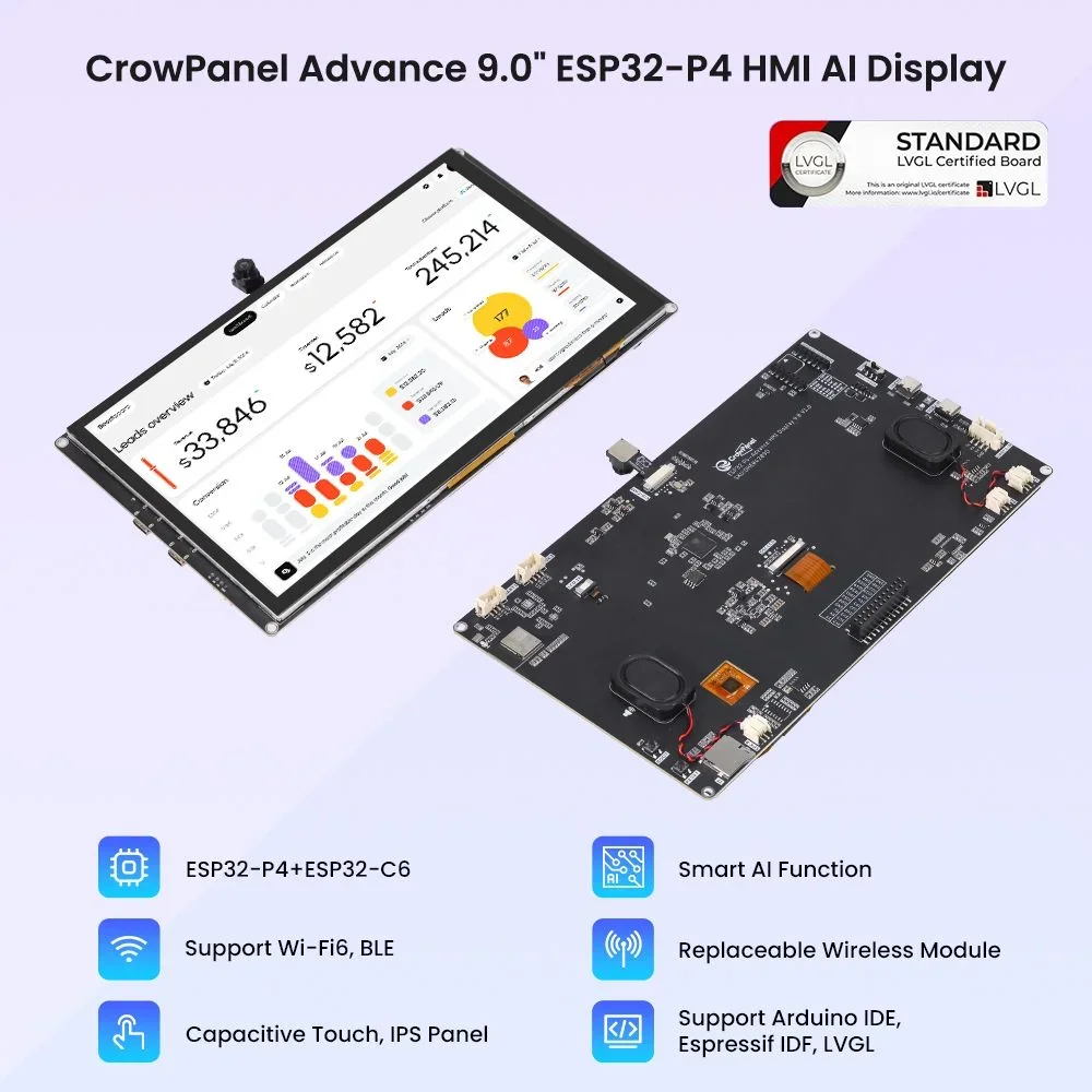 Elecrow CrowPanel Advanced 9inch ESP32-P4 LVGL HMI AI Display 1024x600 IPS Touch Screen WiFi6 Support Compatible with Arduino