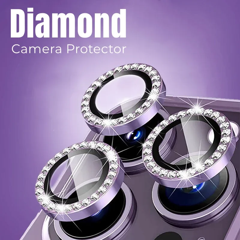 2-3Pcs For IPhone 15 16 Pro Max 16Plus Diamond Camera Protector Metal Ring Lens Tempered Glass On Iphone 16 16Pro 15Promax