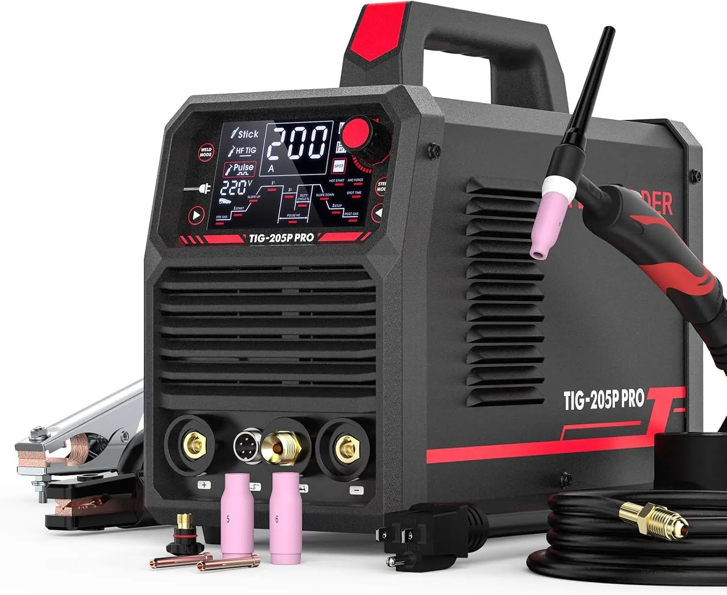 

205A TIG Welder with Pulse, Large LED Display, STICK/DC TIG/PULSE TIG 3-in-1, Dual Voltage 110&220V for Metal Fabrication