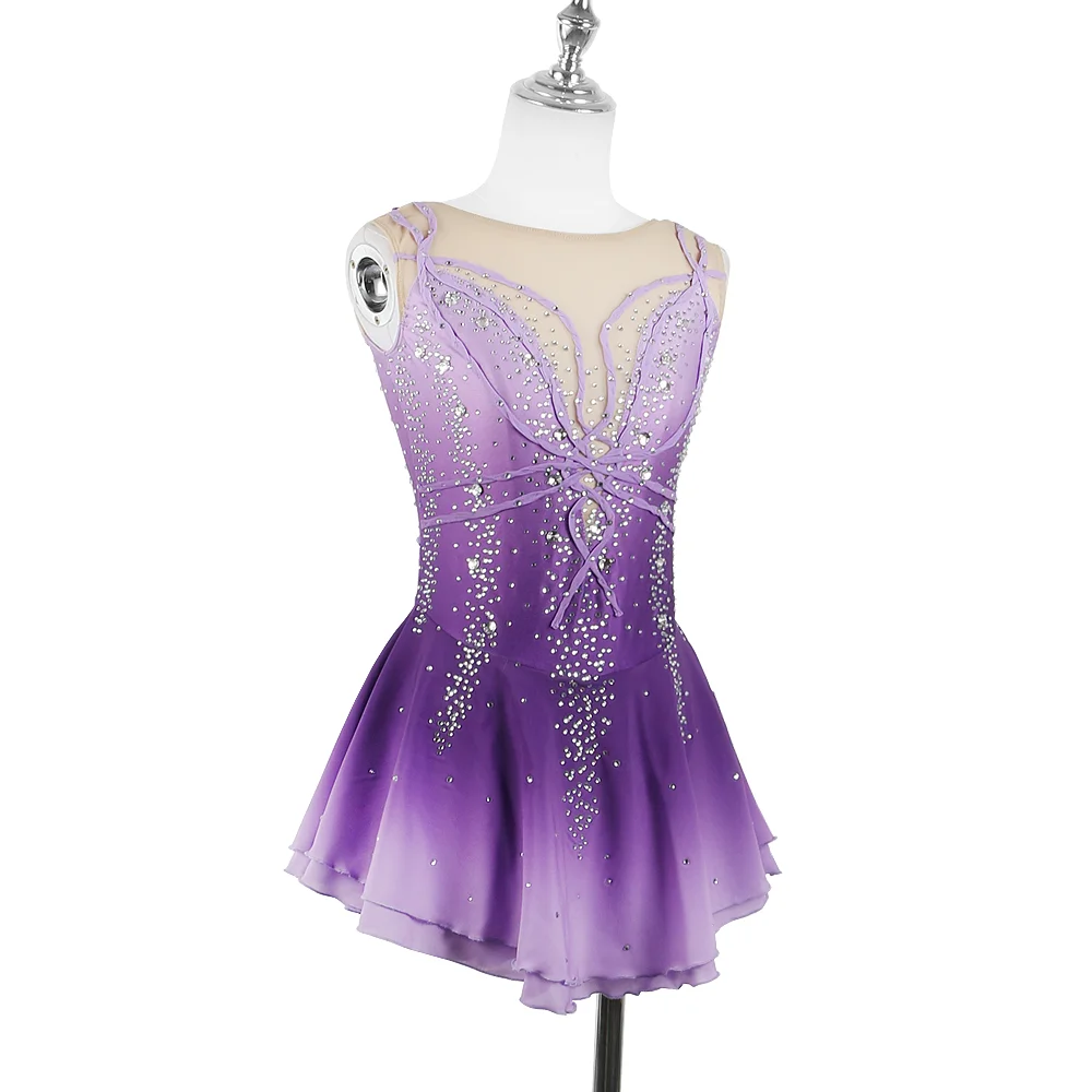 Zagitova Figure Skating Dress For Women Girls Ice Skating Skirt Performance Competition Gradient Purple Gradient sleeveless