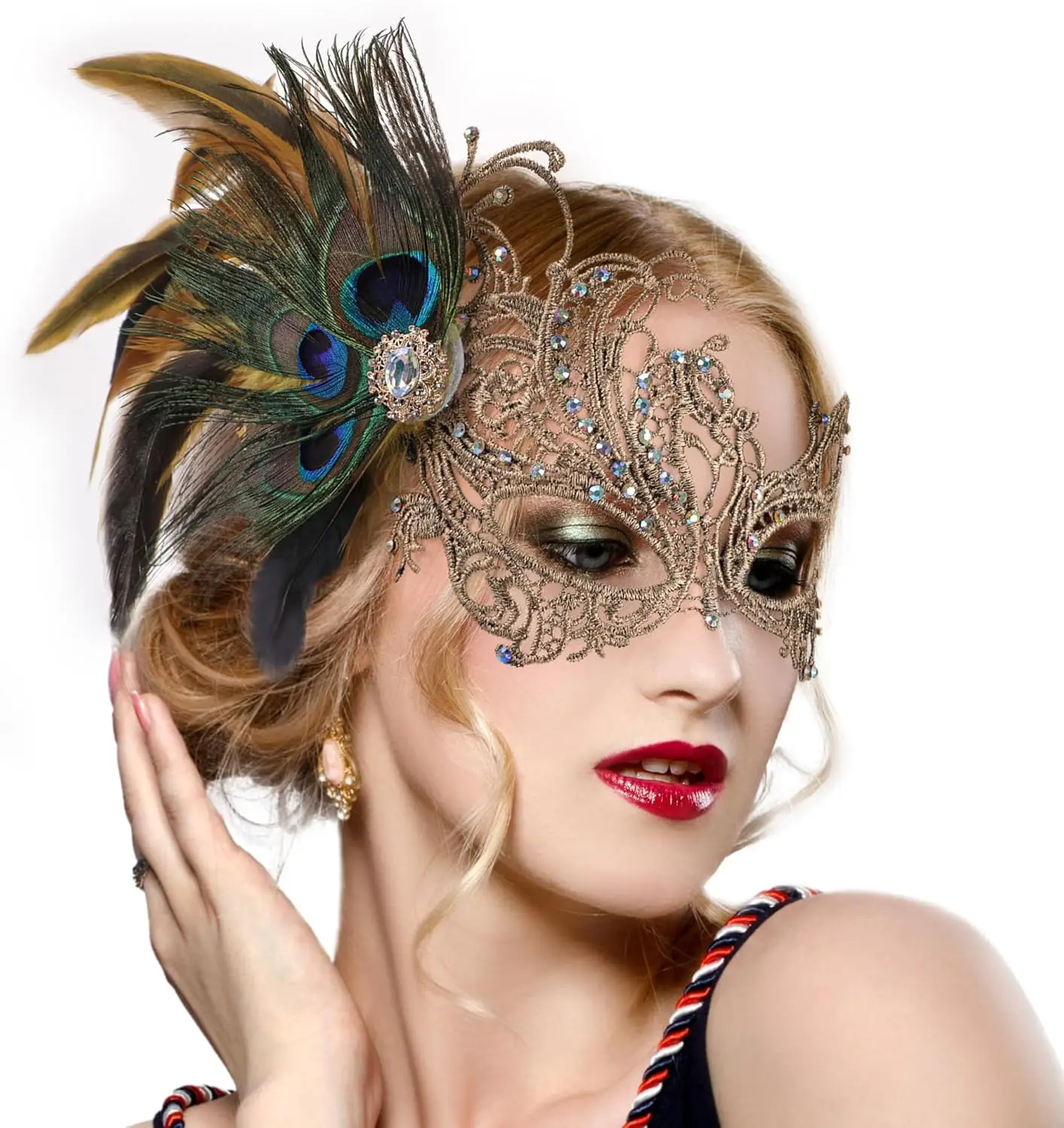

Кружевные маски для маскарада для женщин - Венецианская маска с павлиньими перьями в стиле 1920-х годов для Хэллоуина, карнавальных балов и парных мероприятий