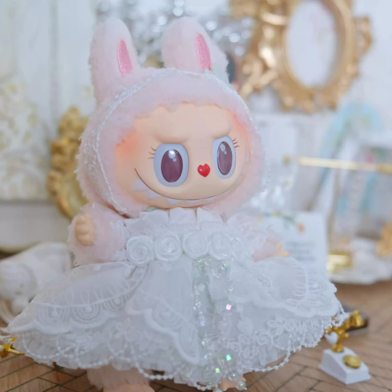17cm Labubu Idol Dolls Sweet Clothes Beautiful Flower Cute Dress Accessories Mokoko Wedding Dress Plush Doll'S Clothes