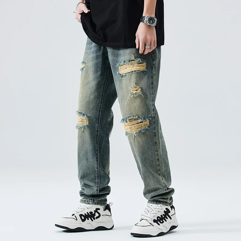 

Street Fashion Men Jeans Retro Washed Blue Loose Fit Hole Ripped Jeans Men Vintage Designer Casual Wide Leg Straight Denim Pants