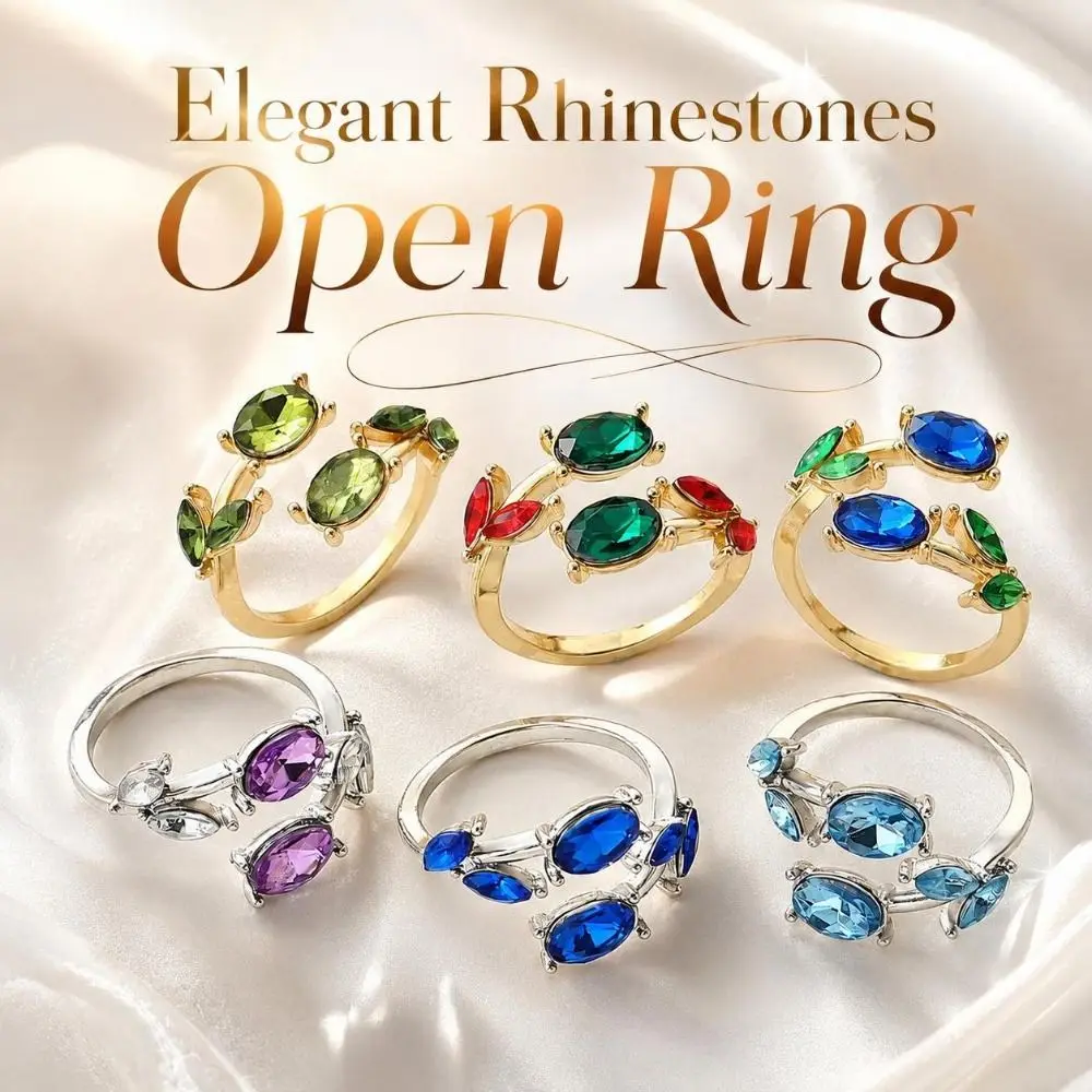 Adjustable Rhinestones Open Ring Multicolor Sparkling Leaf-shaped Ring Ornate Crystal-inlaid Floral Statement Ring Daily Wear