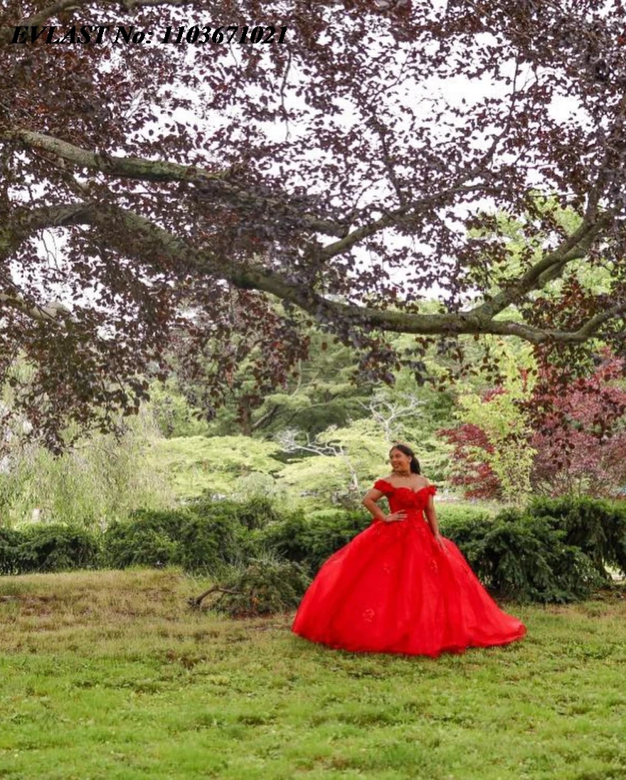 EVLAST-Vestido Quincanera Vermelho Brilhante, Vestido De Baile, Laço Glitter, Contas De Applique, Espartilho Arco, Sweet 16, SQ503, Vermelho