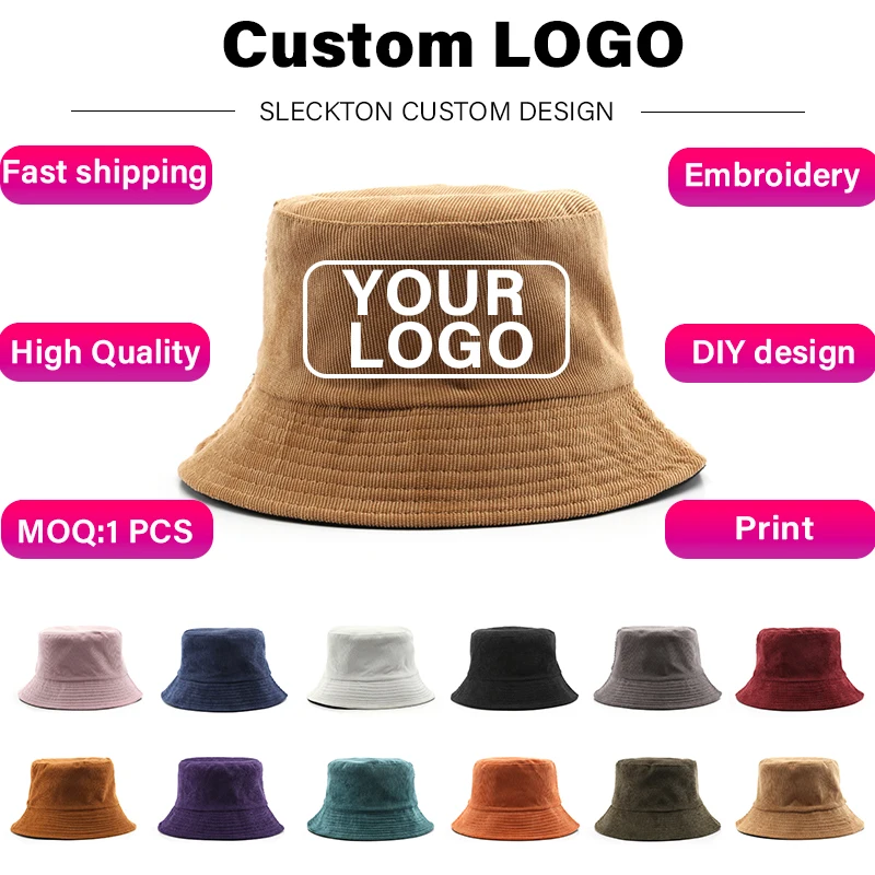 SLECKTON Custom Hat Logo Print Corduroy Bucket Hat for Men and Women Brand Design Embroidery DIY Summer Fisherman Cap Unisex