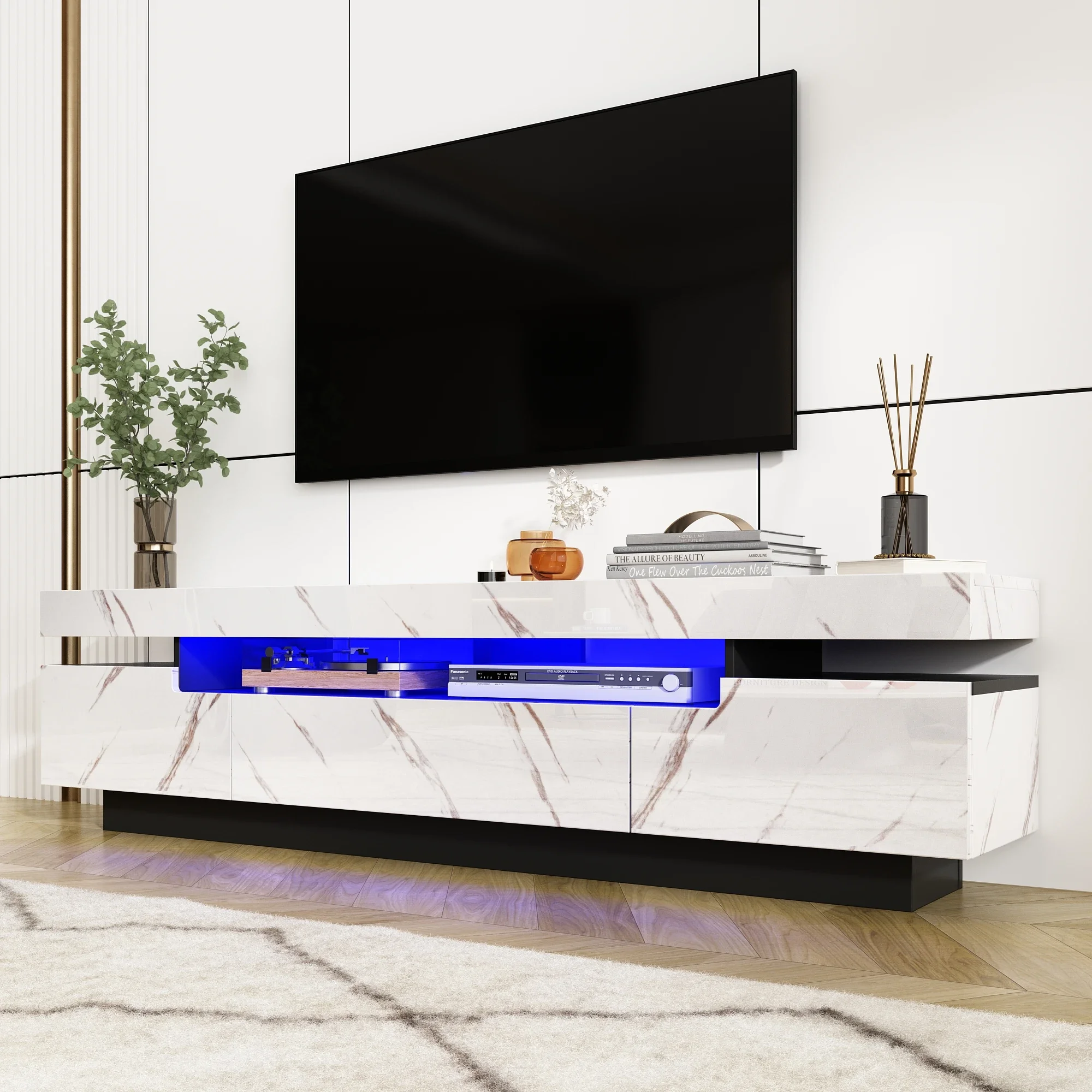 71In LED TV Stand for 75/80 Inch TV, Modern Gaming TV Cabinet for Living Room, High Gloss Entertainment Center with Storage