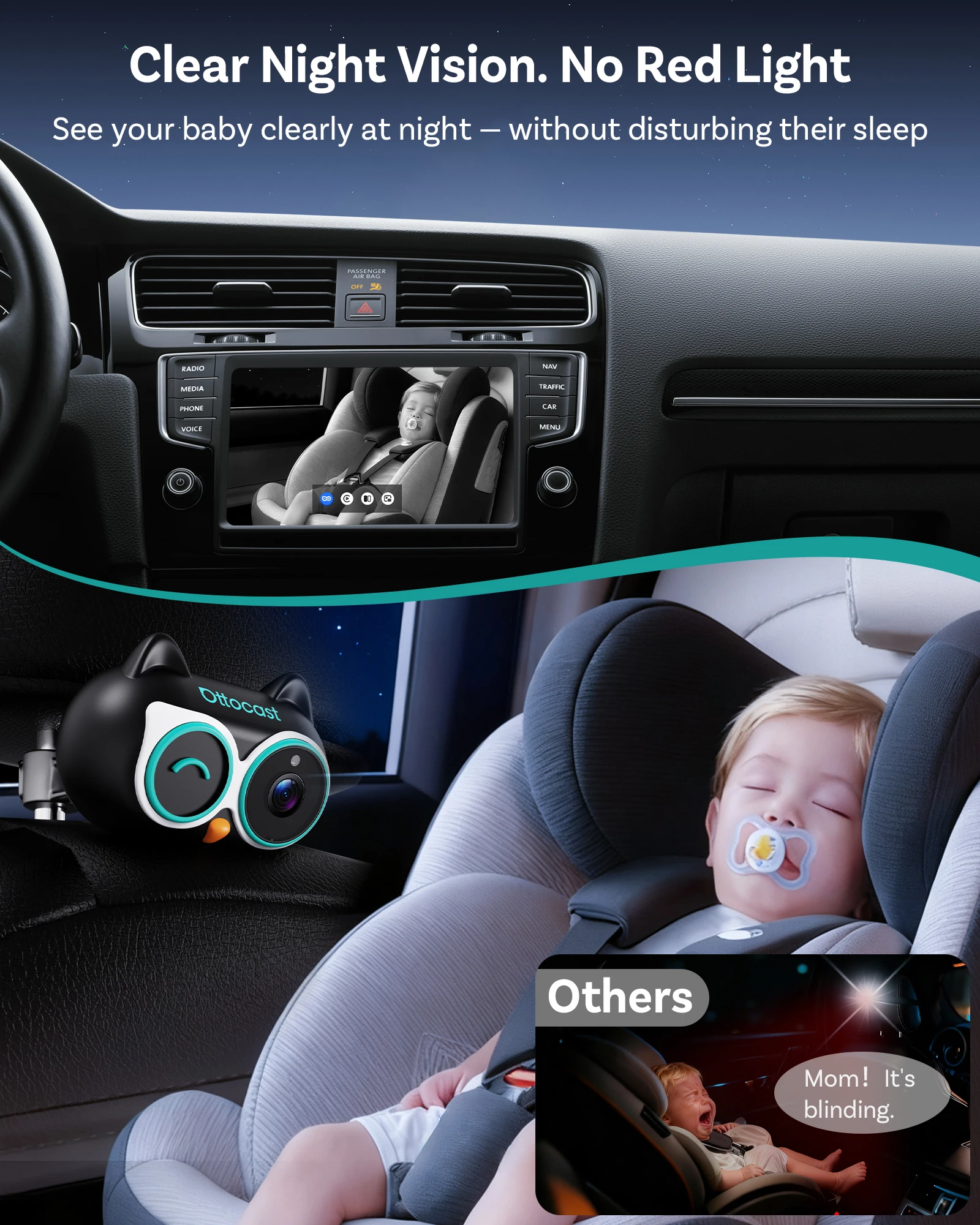 OTTOCAST Cabin Care Wired to Wireless Carplay Adapter Baby Car Camera HD 1080P 150° Wide Angle Night Vision Back‑Seat Monitor view 4