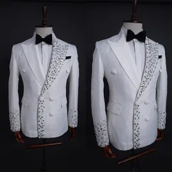 Wedding Men Suits Jacket Tuxedos New Design Crystal Beads White Floral Peaked Lapel Double Breasted 1 Pieces Blazer Custom Made