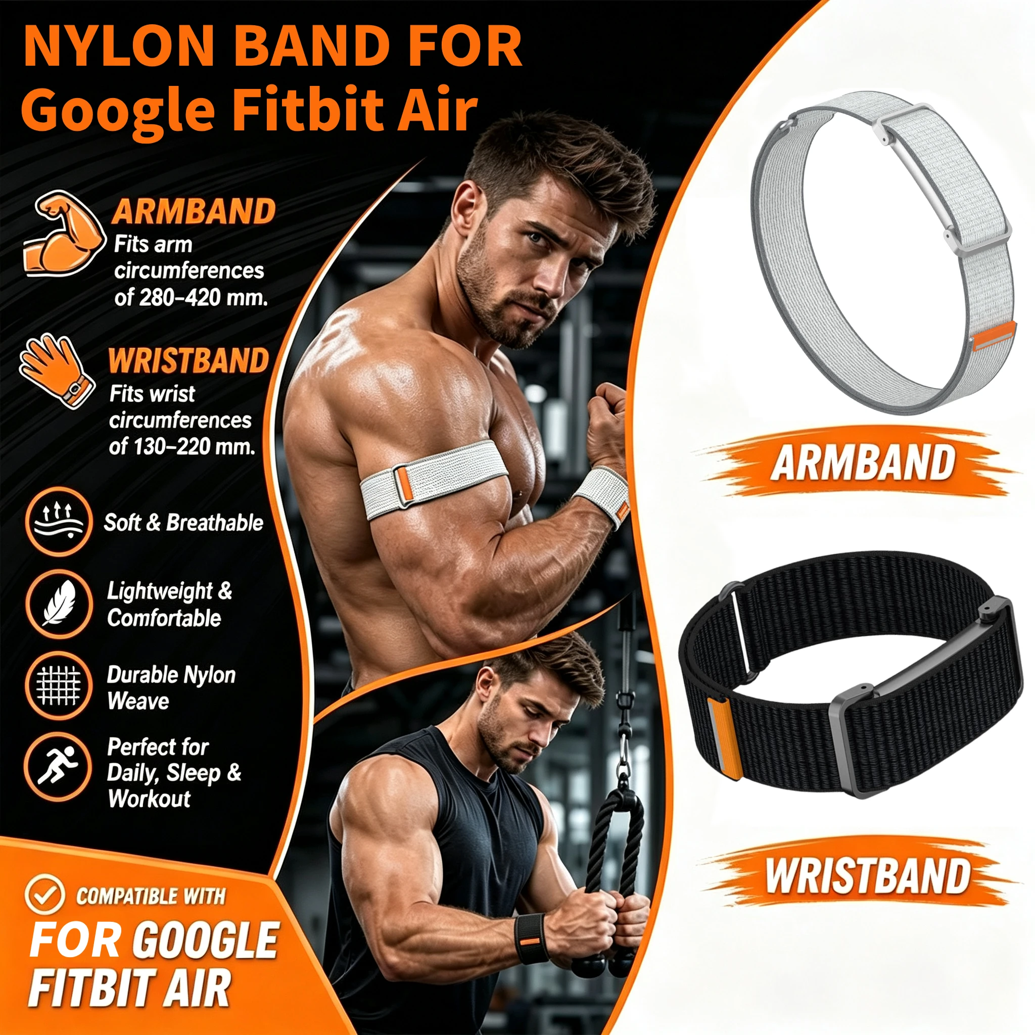 Replacement Nylon Active Band for Google Fitbit Air Fitness Tracker Bicep Arm Ankle Strap Adjustable Sport Workout Wristband
