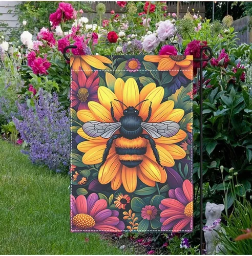 Bee Garden Flag-Double-Sided, Weatherproof, Washable High Quality Burlap 12x18
