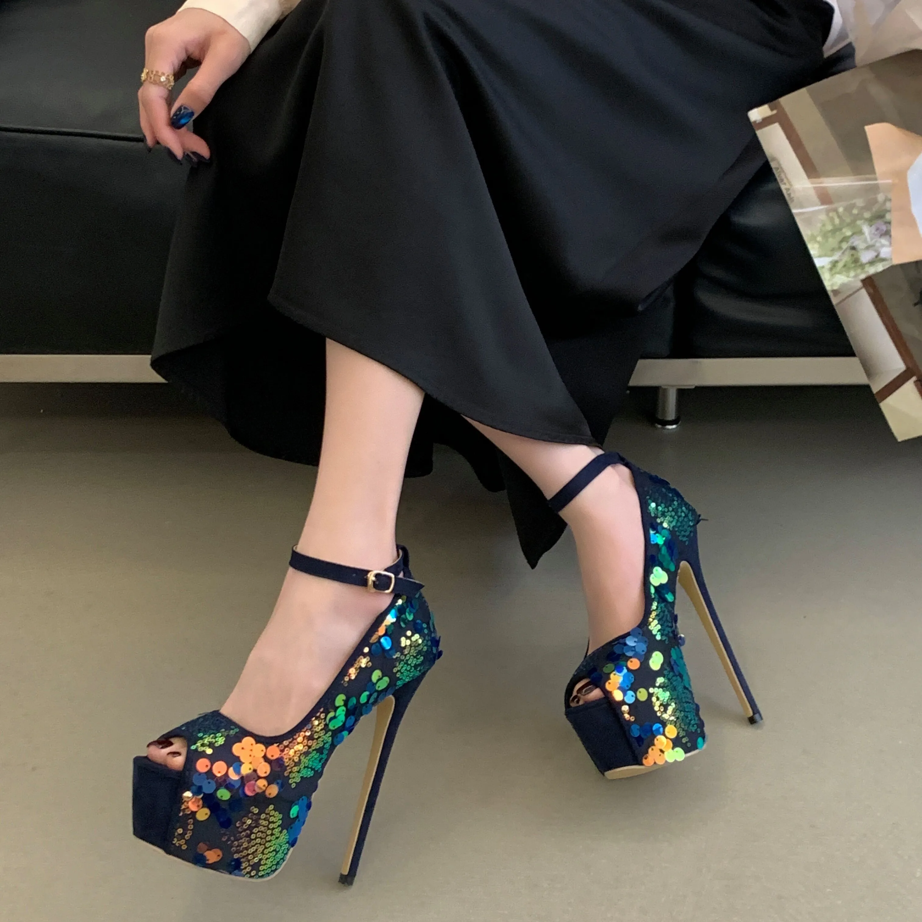 

Femme Arc Women's Sparkly High Heel Sandals - Holographic Sequin Platform Pumps Ankle Strap Size 35-42