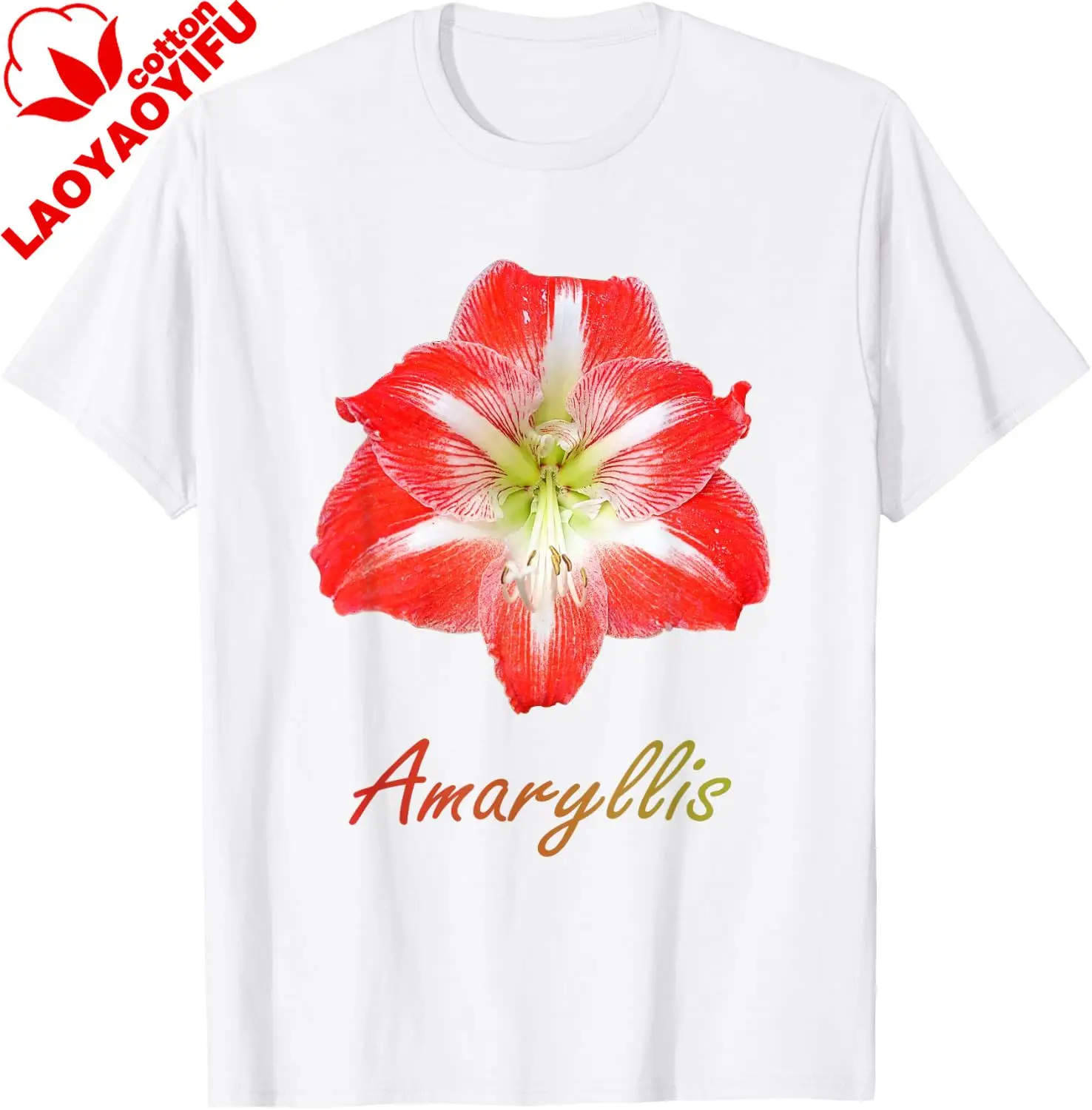 Camiseta de Algodón para Mujer con Hermosa Flor de Amarilis Roja (Hippeastrum) en 2 Formas, Estilo Mania, Ropa Vintage Personalizable
