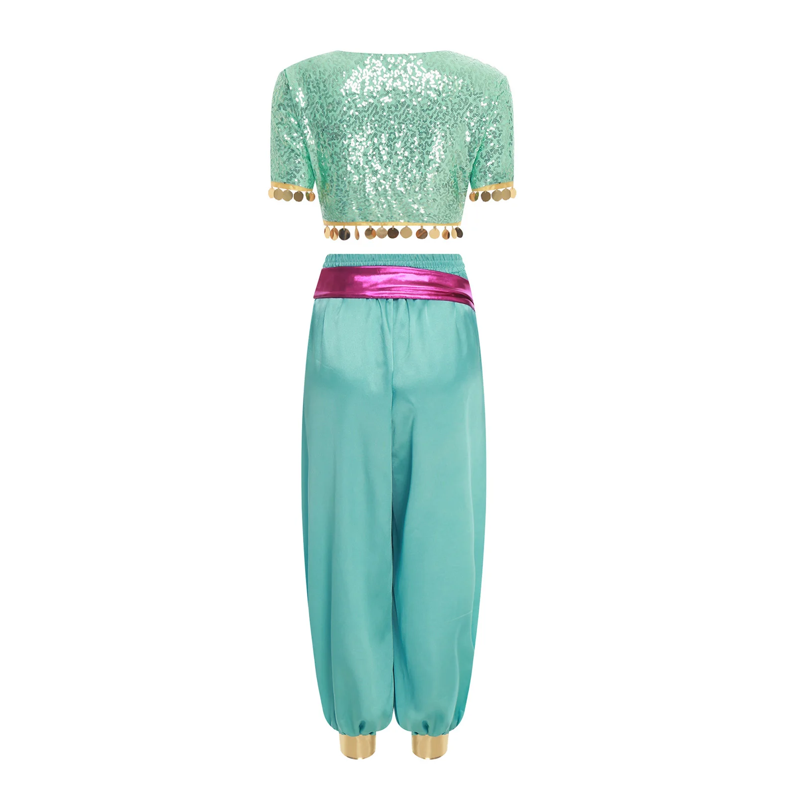 Aladdi Jasmine Princes-traje de Cosplay para mujer, traje de danza del vientre para Halloween, Top corto de manga corta con borlas de lentejuelas, conjunto de pantalones bombachos