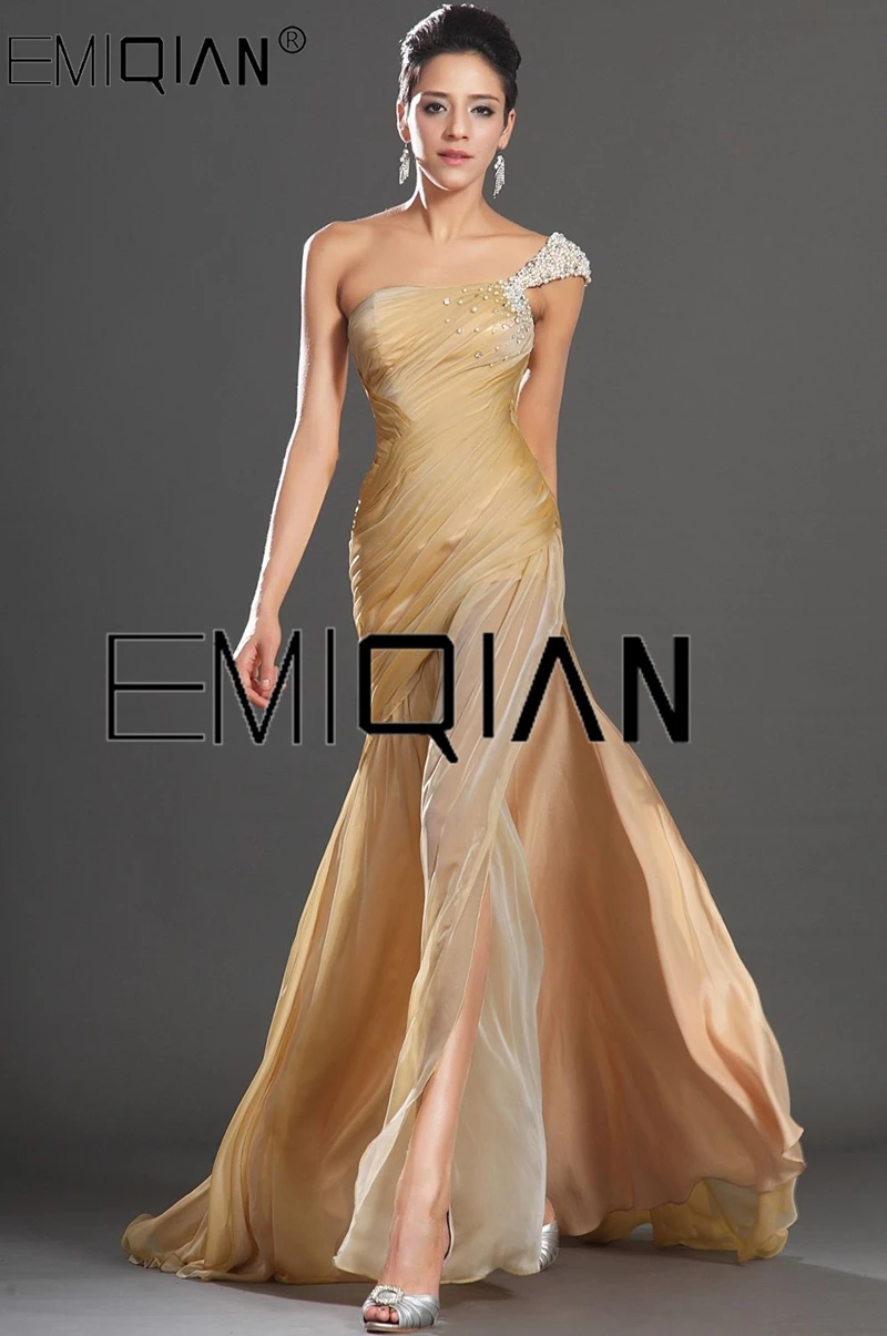 

High Slit One Shoulder Evening Gown Pearls Strap Chiffon Evening Dress