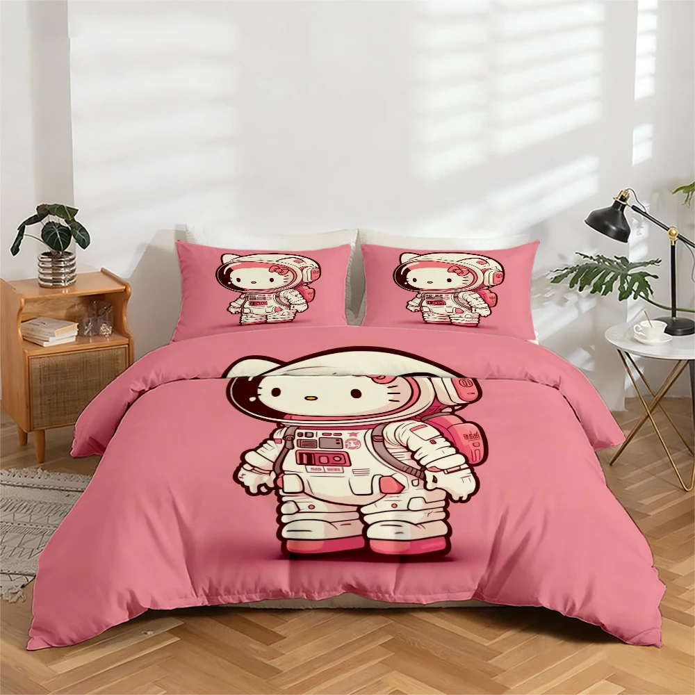 

3-Piece High-Definition Digital Printed Bedding Set, Hello Kitty Astronaut Pattern Large Floral Duvet Cover Set, Includes 1 Duvet Cover + 2 Pillowcases, Suitable for Bedroom, Guest Room, Home Decoration, Polyester Fiber Duvet Cover + Pillowcases, Ultra-So