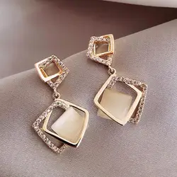 925 Silver Needle Korean Fashion Rhombus Drop Earrings For Women Jewelry 2026 Trending Luxury Crystal Cat's Eye Stone Earrings