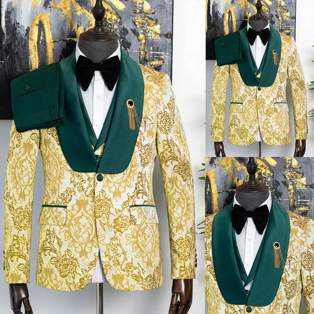 

Gold Pattern Mens Wedding Tuxedos Shawl Lapel Groom Formal Tailored Party Birthday Wear 3 Pieces