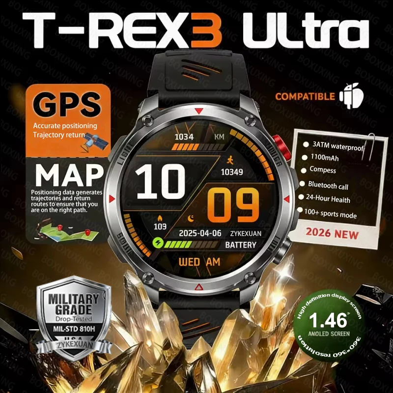 

2026 New Built-in GPS Compass Altimeter Outdoor Military Smart Watch Men 1.46" AMOLED 3ATM Waterproof Clock BT Call SmartWatches
