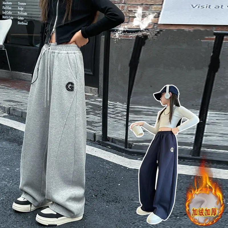 winter thick velvet teen girls wide leg pants junior kids letter warm Plush girl trousers 6 8 10 12 14 children clothes britches