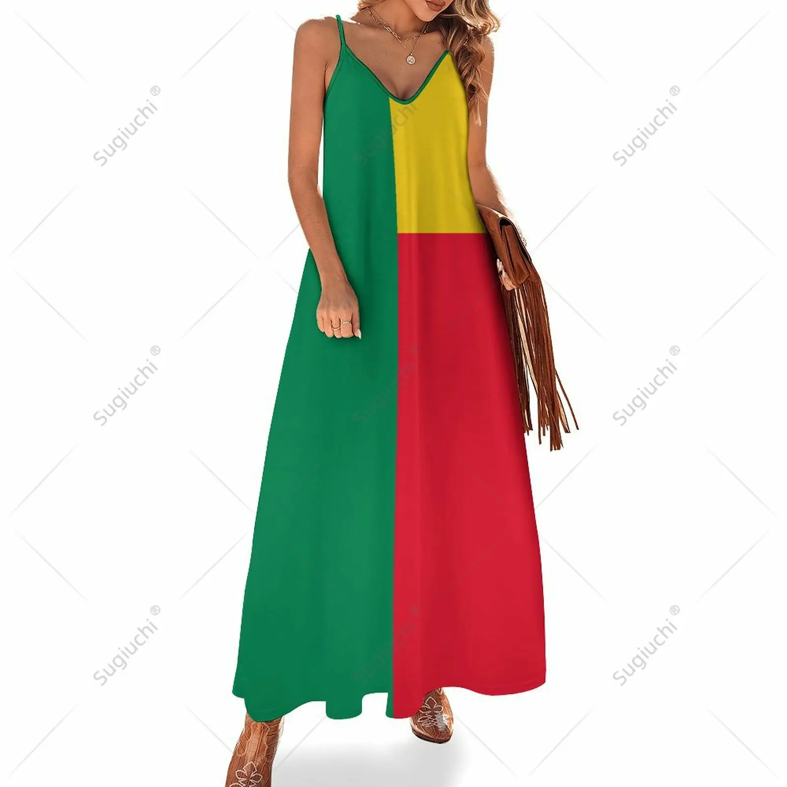 Vestido largo con estampado de bandera de Benín para mujer, ropa informal sin mangas con cuello en V, Retro, Swing