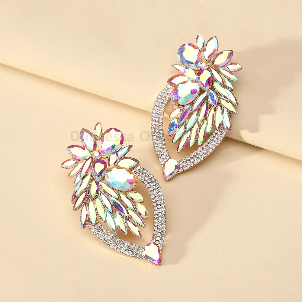 Charm Luxury Shiny Geometric Crystal Glass Decor Big Stud Earrings For Women Sexy Elegant Fashion Jewelry Statement Accessories