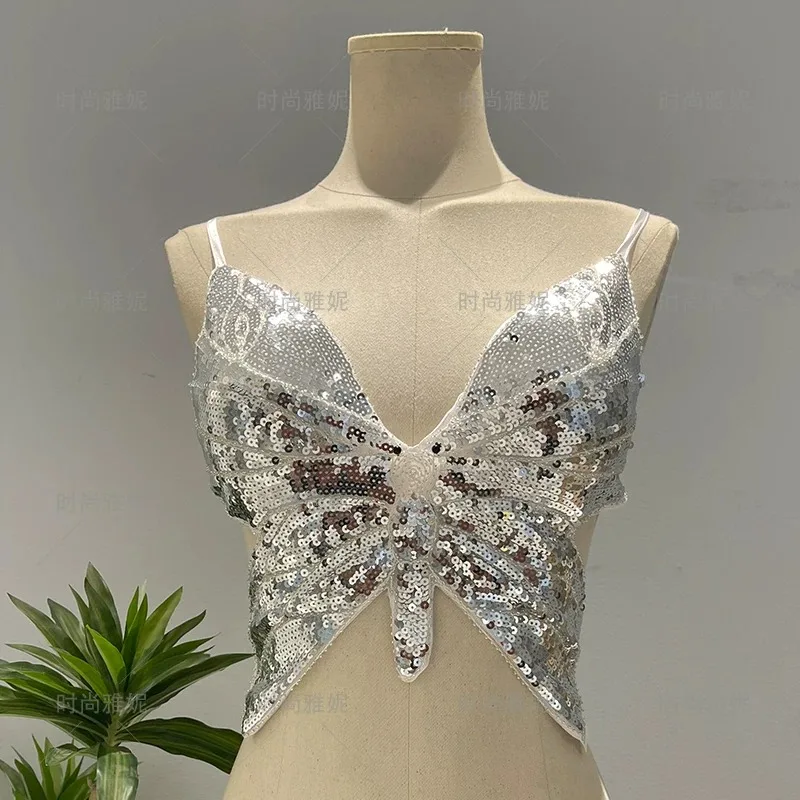 Light Luxury Heavy Industry Sequin Lace Up Suspender, Beautiful Back And Strapless, Niche Retro Colorful Butterfly Wrapped Chest