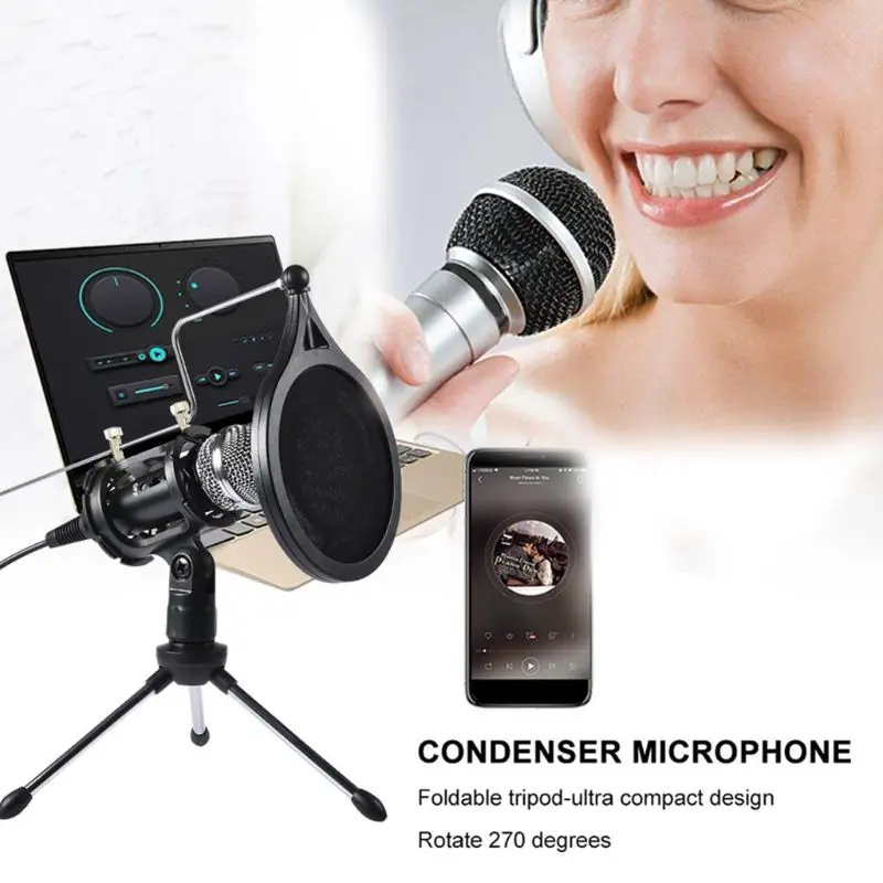 1Set USB Computer Microphone Phone Condenser Mic with Acoustic Filter Stand Holder for Broadcast Podcasting Online Chatting