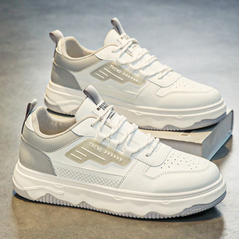 

Men White Leather Shoes Flat Classic Casual Sports Shoes Lace up Skateboard Board Shoes White Platform Sneakers Outdoor