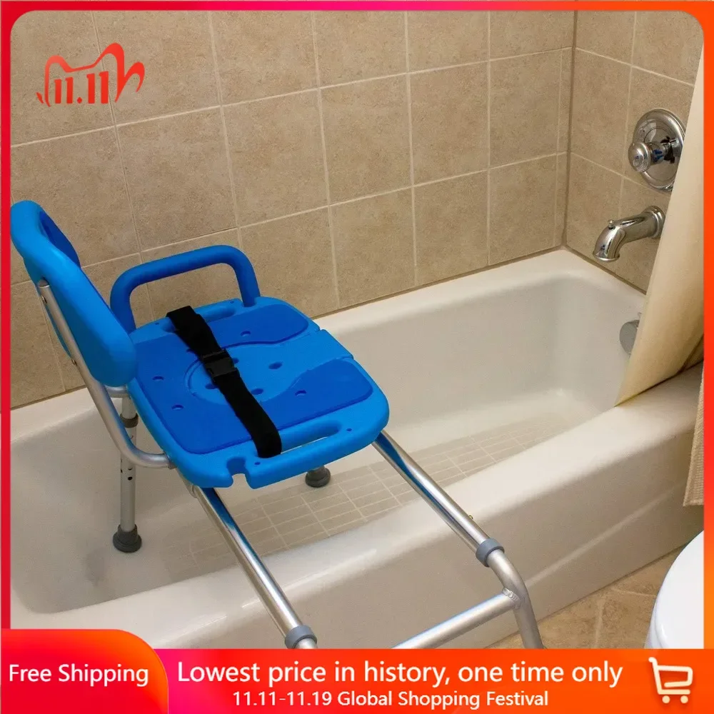 Shower Chair, Tub Sliding Bench, Padded, Seat with Opening for Tub, Adjustable Legs and Safety Belt, Sliding Shower Chair