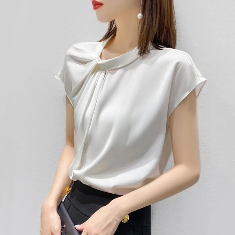 Women Acetate satin shirts,black white elegant wild office lday chiffon blouse artificial silk tops blusas de talla grande