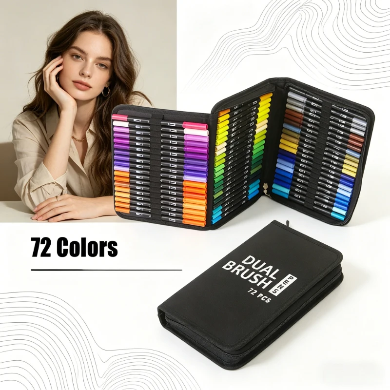 

Набор акварельных маркеров с двумя наконечниками (кисть и тонкий) для рисования, каллиграфии и живописи, 72 цвета