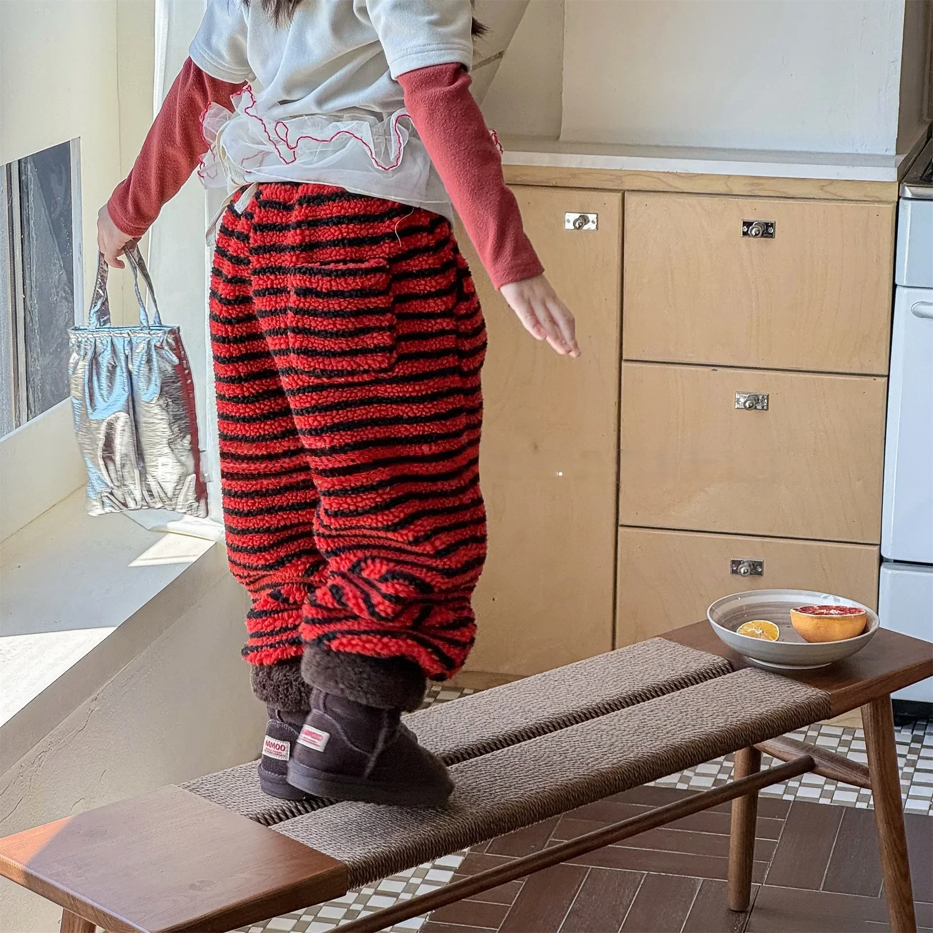 LILIIGIRL 2025 Winter Kids Clothes Striped Girls Pants Fur Lining Warm Boys Trousers Korean Style Thicken Pants Boys Trousers