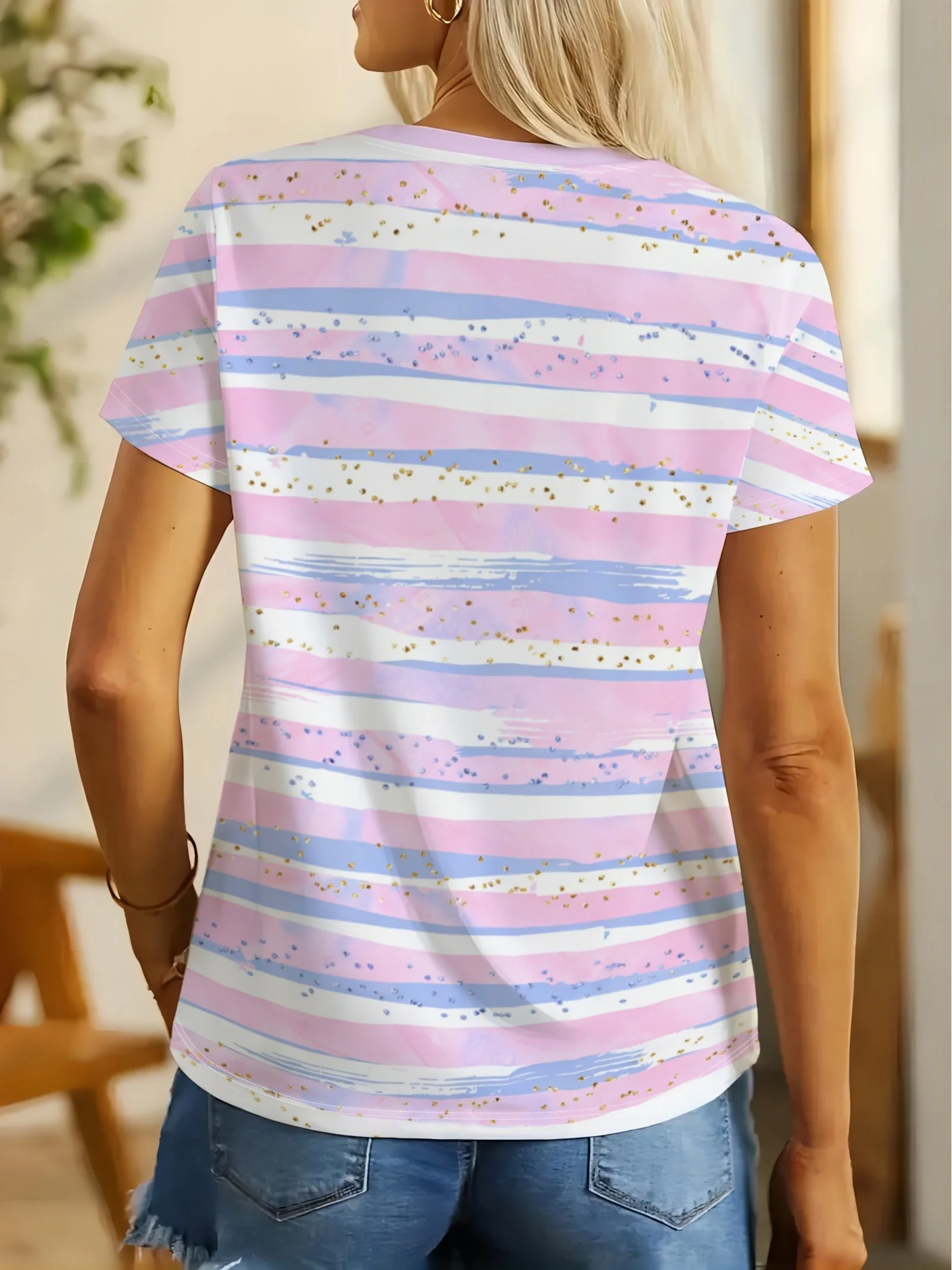Women Crew Neck Short Sleeve T-shirt Pink Blue White Striped Print Golden Glitter Decor Casual Sweet   Daily Summer Tee
