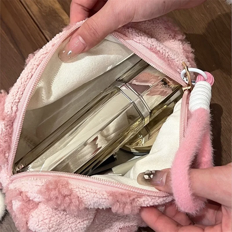 Plush Makeup Bags with Handle Soft Travel Cosmetic Storage Bag Portable Love Print Organizer Pencil Case Cute Clutch Pouch view 6