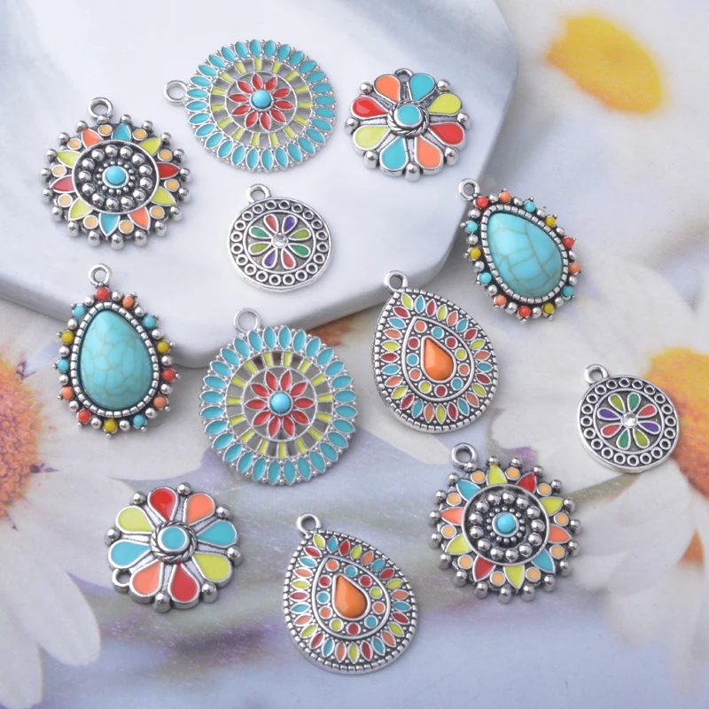 12 Stück/Set Antike Silberfarbene Sonnenblumen-Emaille Kleine Damen-Anhänger Legierung Ohranhänger DIY Bohemian-Stil Schmuck Ohrring-Komponenten – Detail 3