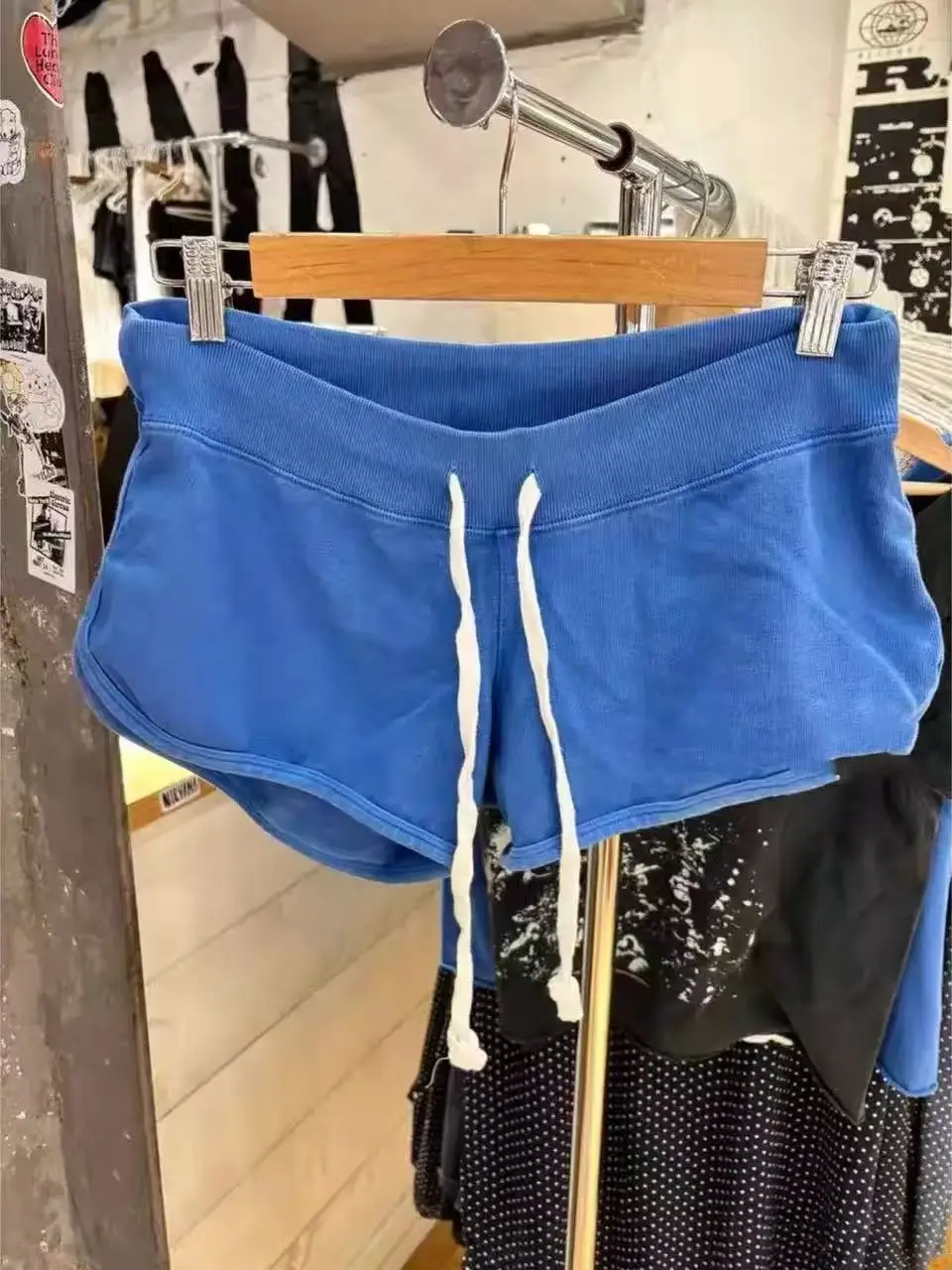 New Drawstring Blue Sweatshorts Women Summer Elastic Waist Loose Split Sport Shorts Streetwear Vintage Casual Boxer Short Pant